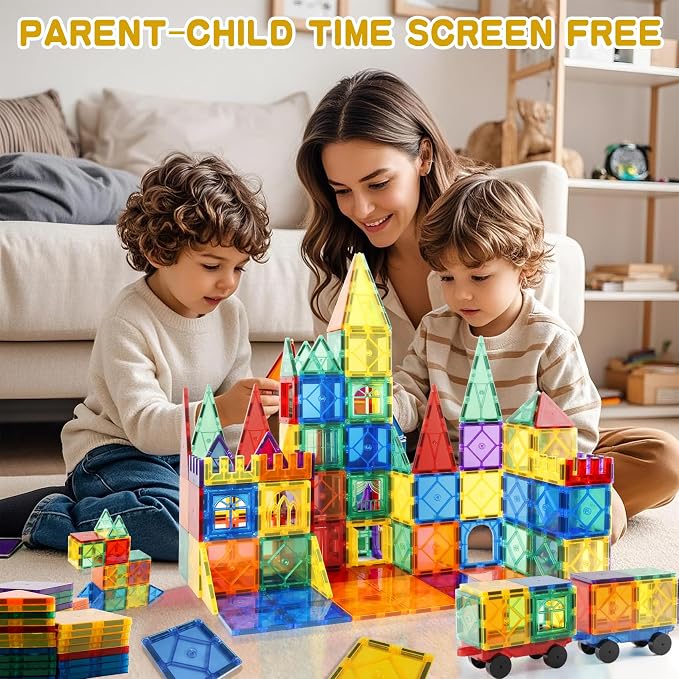 URBAN TOYS 100-Piece Magnetic Tiles for Kids Ages 3+ - STEM Building Blocks, Creative Construction Toy, Magnetic Tiles Blocks for Learning and Play Preschool Kids Games
