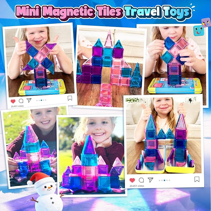 Mini Magnetic Tiles Kids Toys Travel Essential Games STEM Educational Toys | Magnetic Building Blocks for Age 3-5 5-7 4-8, Boys Girls Christmas Birthday Gifts, Portable Creativity Boosting Sensory Toys
