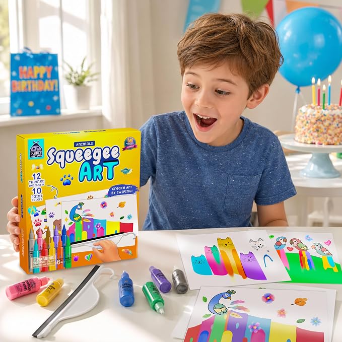 Squeegee Art Kit for Kids - Animals Theme Painting Craft Kit for Ages 4-12 | Non-Toxic, Mess Free Paint Craft, Imaginative Play Process Art Kit, Birthday Gift for Ages 5-9, Colour & Sensory Exploration