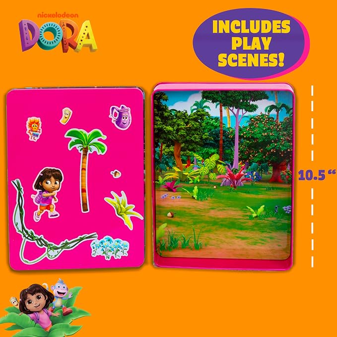 Dora Magnetic Playset, 75 Characters & Accessories, Reusable Storage Tin and Play Scene, Fun Toddler Toys, Mess Free Airplane Toy, Travel Games & Road Trip Essentials, 4 Year Old Girl Birthday Gifts