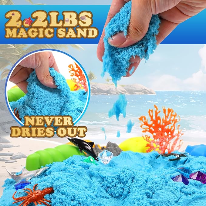 GAIETYDIY Mermaid Sensory Bin for Girl, Magic Sand Art Kit with LED Light | 2.2lbs Sensory Sand, Ocean Sea Animals, Sand Box with lid, Mermaid Toy Christmas Birthday Gift for Girls Ages 3 4 5 6 7 8 9+