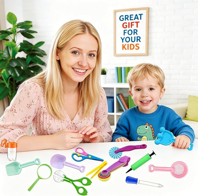 19 Pcs Sensory Bin Filler ，Sensory Bin Tools，Fine Motor Skills Handy Tools with Scoops, Tweezers, Beach Shovels, Air Pump, Scissors Clip, Magnifying Glass, Dropper, Mesh Scoop for Sensory Play