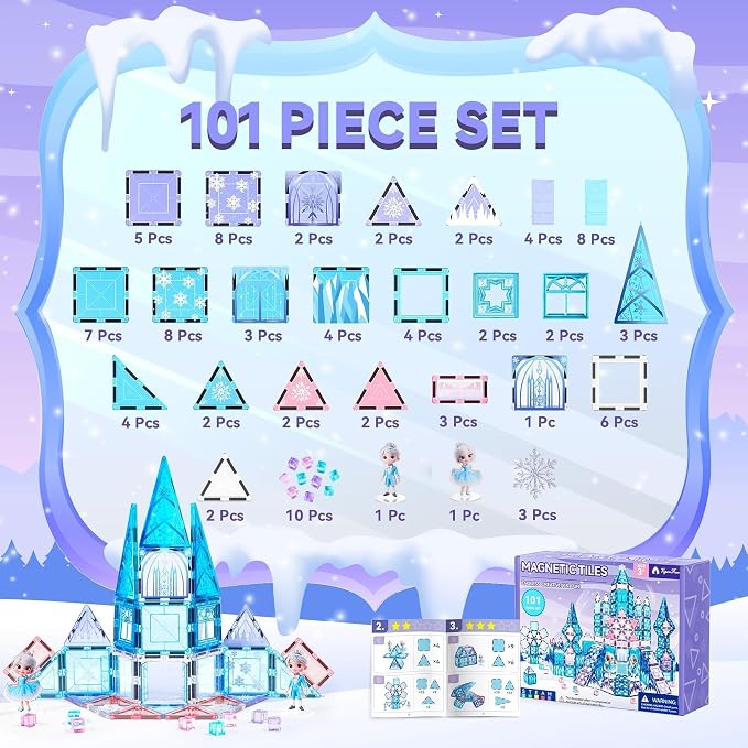 VigorFun Princess Castle Magnetic Tiles Building Toys Set for Kids Ages 4-8 | STEM Magnetic Blocks with 2 Dolls, Educational Sensory Magnetic Toys Gifts for Toddler Boys Girls Learning Classroom