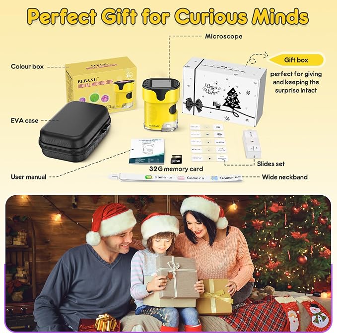 Kids Digital Microscope Science Gift: Complete STEM Toy Kit for Ages 4-12 | 32GB Card for Photos & Video / Custom EVA Case / Real Glass Slides / Upgraded 3mm Slide Slot / 2.5H Rechargeable Use