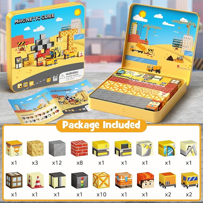 Magnetic Engineering Travel STEM：49PCS Mini Blocks Kit for Ages 3-8 | N32 Strong Magnets, Iron Box Baseplate, 49 Builds, 40+ Min Focus, 1-Min Storage, ASTM & CPSIA Certified, Perfect for Travel