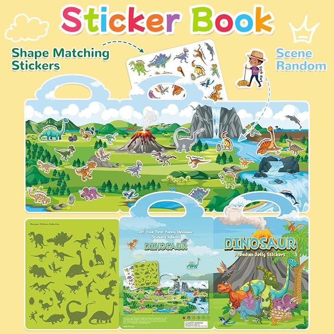 Reusable Sticker Book for Toddlers 3-6, Jelly Stickers for Kids, Sticker Activity Book Travel Toys for Car & Airplane, Educational Learning Gifts for Boys and Girls (Dinosaurs Theme)