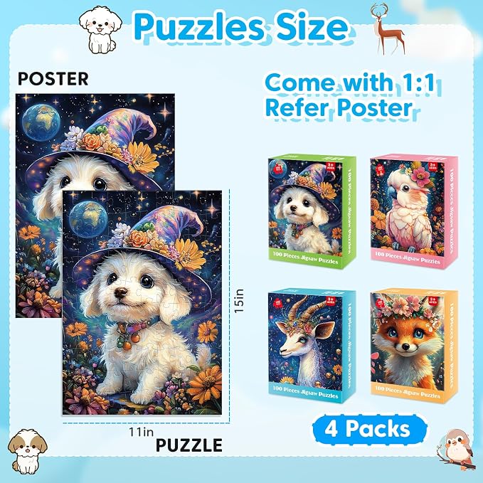 4 Packs 100 Piece Puzzles for Kids Ages 4-6, Jigsaw Puzzles for Kids Ages 6-8 8-10 Adorable Animals Puzzles 100 Pieces for Senior Search and Find Learning Educational Toys for Boys and Girls