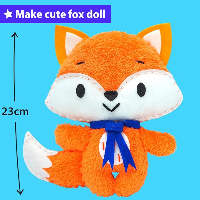 KRAFUN Fox Sewing Kit for Kids Ages 8-12 - No Scissors No Glue | Pre-cut & pre-punched felt. Child-safe needle included. Sew your own plush fox. Beginner craft gift for girls & boys