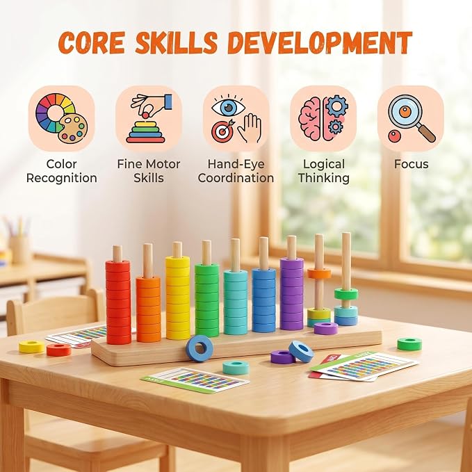 Color Sorting & Stacking Game with Challenge Cards for Kids, Wooden Color Matching Game with 40 Patterns(Easy & Hard), Fine Motor Skills Learning Montessori Toy, Preschool Educational Gift for Kids