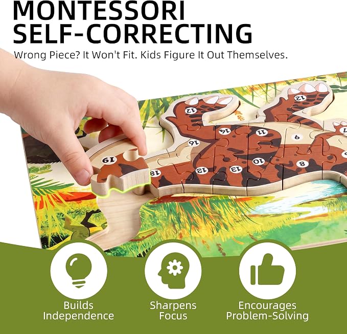 3 Pack 15.7"×8.9" Extra-Large Dinosaur Wooden Puzzle for Toddlers Age 3-5 | XL 3D Wooden Puzzle, Learn Numbers 1-20, Vivid UV Print, Non-Toxic Paint, CPC Certified, T-Rex Stegosaurus Triceratops