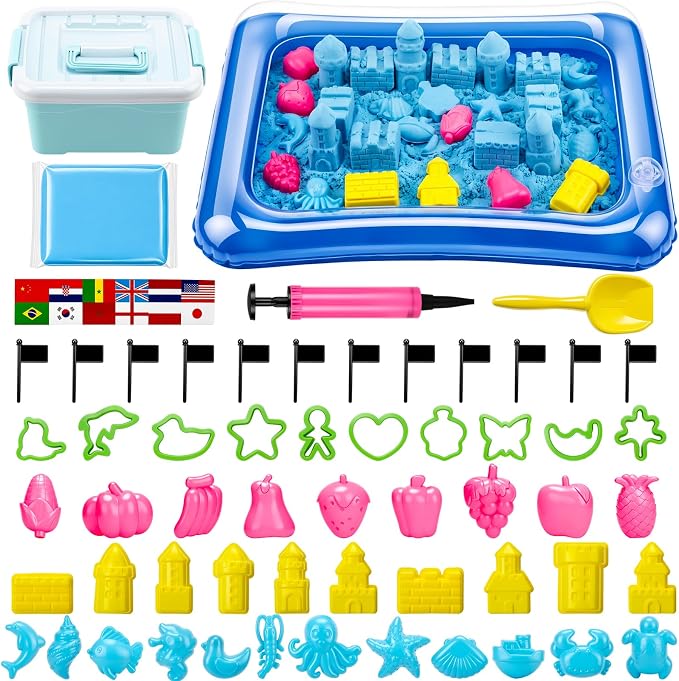 Teyva Daily 59 Pcs Sensory Bin Sand Kit with 2.2lbs Blue Moldable Play Sand, Inflatable Tray, Lidded Storage Box, Castle Ocean Animal Fruit Molds, Flags and Pump for Kids Toddler Ages 4-6