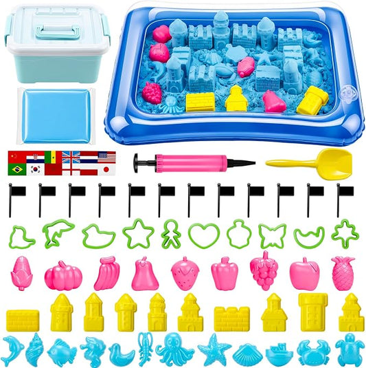 Teyva Daily 59 Pcs Sensory Bin Sand Kit with 2.2lbs Blue Moldable Play Sand, Inflatable Tray, Lidded Storage Box, Castle Ocean Animal Fruit Molds, Flags and Pump for Kids Toddler Ages 4-6