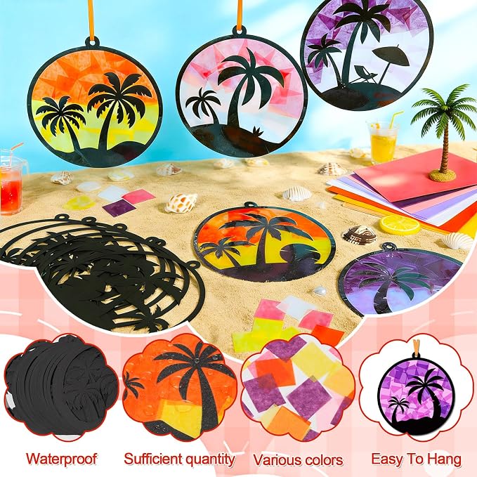 Qyeahkj 36 Sets Tropical Palm Tree Suncatchers Crafts for DIY Summer Tissue Paper Craft Kit Hawaiian Luau Palm Tree Stained Glass Window Ornaments Decoration for Home Art Project Party Favor Gift