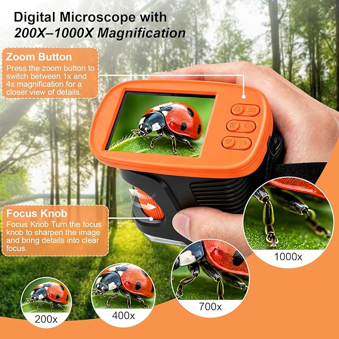 Kids Microscope,1000X HD Digital Handheld Mini Microscope 2.4" IPS Screen | Microscope for Kids, Mini Pocket Microscope for Children Birthday Gift, Science Education Fun for Boys Girls Ages 4-12 Black