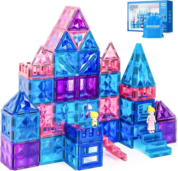 BENOKER Castle Magnetic Tiles STEM 3D Building Blocks Gift for Boys & Girls | Safe ABS plastic with strong magnets. Smooth edges for little hands. 3D castle-building fun. Boosts creativity & motor skills