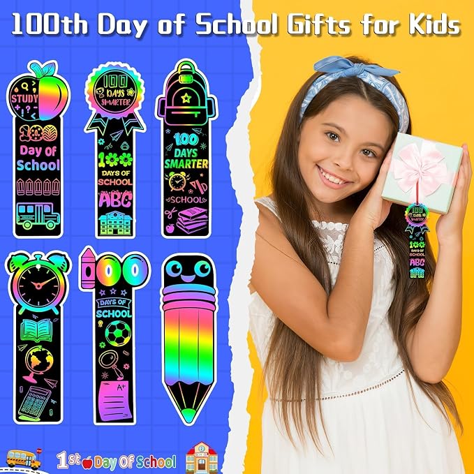 JUNEBRUSHS 30Pcs 100 Days of School Scratch Bookmarks, Rainbow Magic Scratch Paper Art for Kids 100 Days of School Craft for 100th Day of School Gifts Activities Project Party Favors