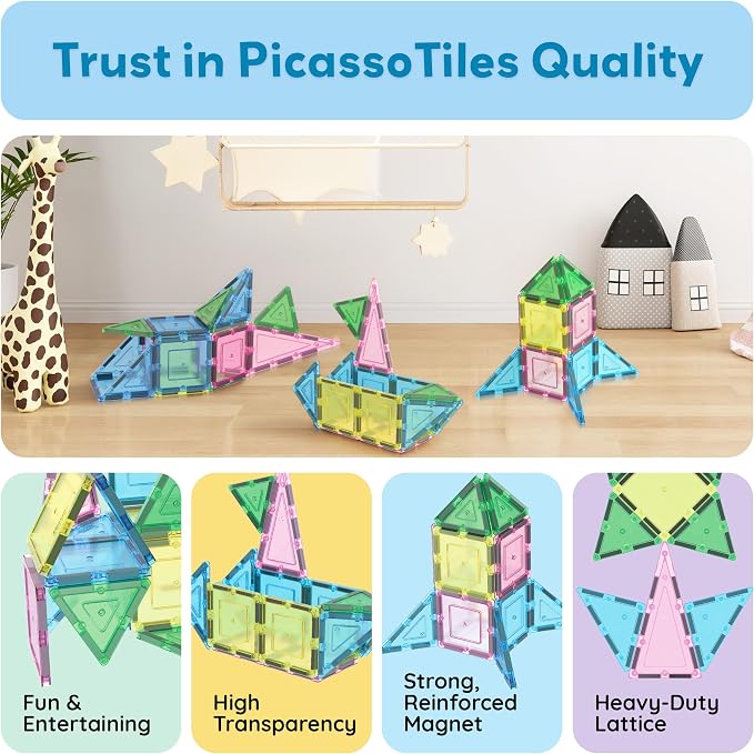 PicassoTiles Magnetic Tiles 20PC Construction Building Blocks Toy with Tin Storage Travel Case Creative Developmental Kids Learning Magnet Tile Education Cognitive Skill Toys Boys Girls Ages 3+ PT11