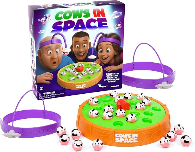 Cows in Space By Relatable - 2026 Toy of The Year Finalist, The Kid-Friendly Extraterrestrial Fun 2 Player Games - Includes 2 UFO Headbands, 1 Electronic Spinning Base, 21 Cows, and Instructions