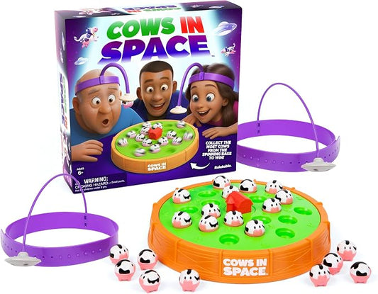 Cows in Space By Relatable - 2026 Toy of The Year Finalist, The Kid-Friendly Extraterrestrial Fun 2 Player Games - Includes 2 UFO Headbands, 1 Electronic Spinning Base, 21 Cows, and Instructions