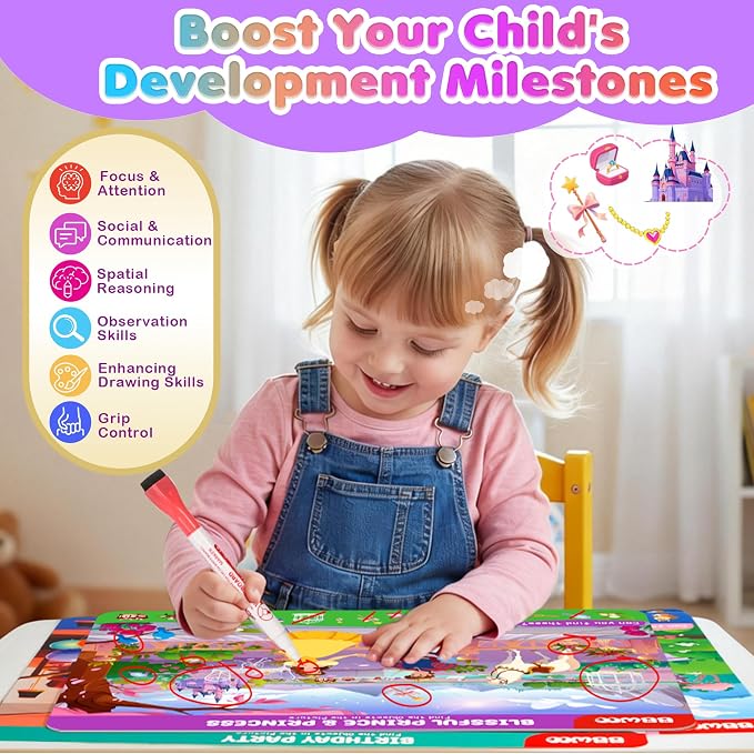 Search and Find Activity Books, 2 In 1 Princess Seek Game Coloring Books | Preschool Educational, Travel Games Toys for Car Airplane, Road Trip Activities for Kids, Birthday Gifts Kids Ages 3-8