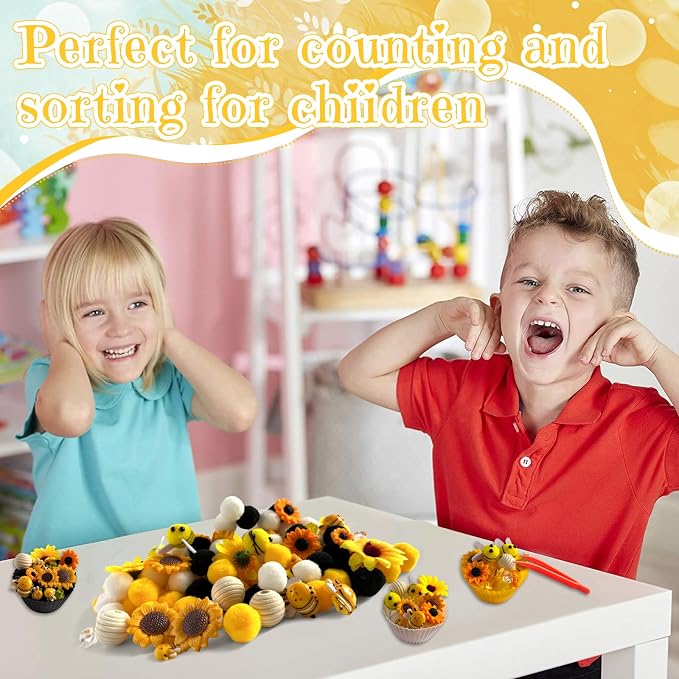 196Pcs Sensory Bin Filler, Fine Motor Toys Bee Themed Sensory Bin Items Counting Sorting Toy Colorful Pom Poms Cup Bee Honeycomb Wooden Scoop for Preschool Education Activities