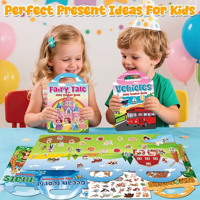 6 Sets Reusable Sticker Books for Toddlers 2-4 Years, Jelly Sticker Book for Kids, Travel Stickers Activity Book Travel Toys for Toddlers