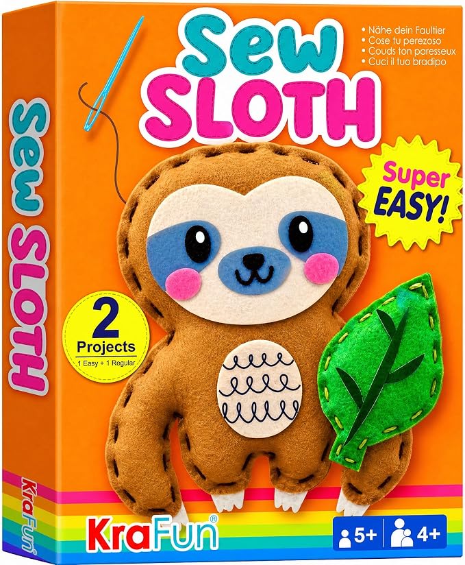 KRAFUN Beginner Sewing Kit, Sew Sloth & Leaf, Pre-Cut Felt, Kids Ages 5+ | Beginner Sewing Kit: Sew 2 Plushies, Sloth & Leaf. Pre-Cut, Pre-Punched Felt, No Scissors. Safe Plastic Needle for Kids