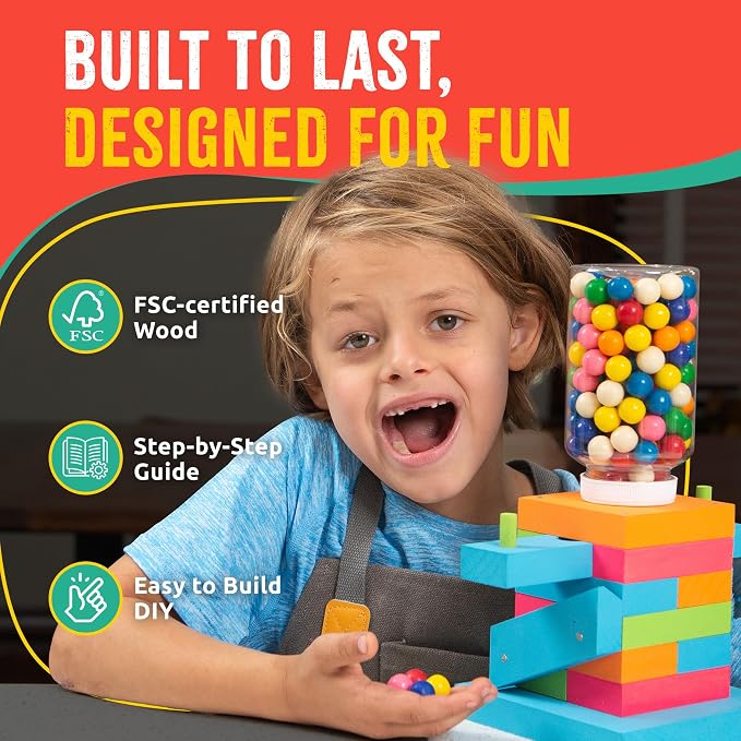 SparkJump Candy Dispenser Woodworking Kit – Complete STEM Building Kit for Kids with FSC-Certified Wood, Paints & Tools, DIY Gumball Machine Craft for Boys & Girls, Ages 6+ | FSC-Certified Wood, Paints & Tools, DIY Gumball Machine Craft for Boys & Girl...