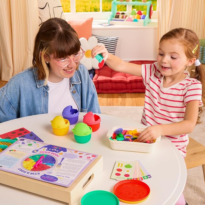 Battat Education Stir & Sort Food Court Play Food Fine Motor Game, Learning | 102-piece pretend play food set with 74 food pieces, tongs, bowls, plates, recipe cards, spinner and wooden tray, 3+ Years