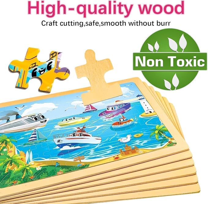 Wooden Puzzles for Toddlers 3-5,6 in 1 Jigsaw Wooden Solar System Puzzles for Ages 4-6,Preschool Educational Brain Toys Gifts for Boys and Girls 2 4 3 5 Year Old（Vehicle）