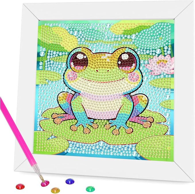 Gemozaic Frog Diamond Art Kits for Kids Ages 6-8-12 with Frame, 7 x 7 in | Animal Diamond Art Painting, Big Gem Arts and Crafts for Kids Ages 6-8-12, Amphibians Gems Painting for Gift, Home Wall Decor