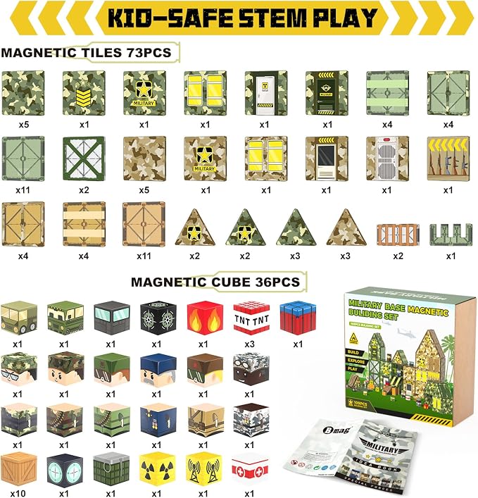 Bmag 109 PCS Military Magnetic Tiles Set, Army STEM Building Toys, Camo Printed Construction Blocks, Educational Play Gifts for Boys Girls Ages 3-12