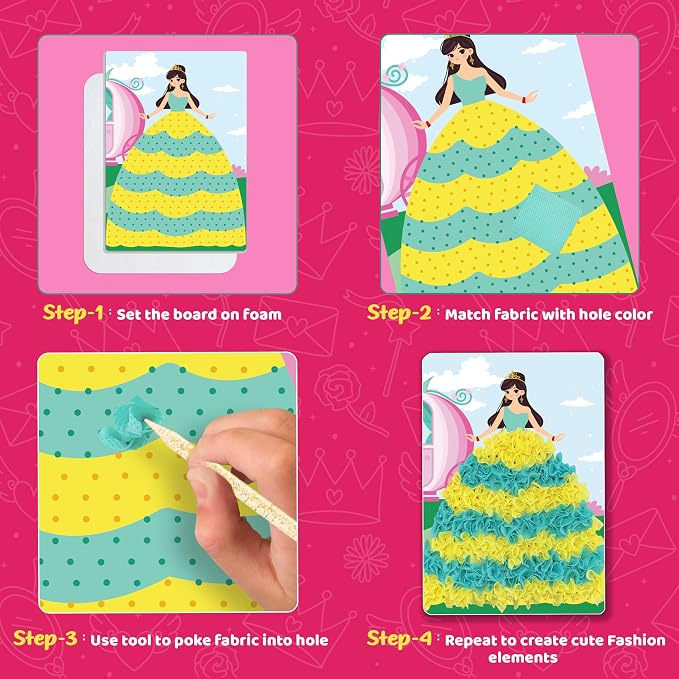 jackinthebox Poke Art Princess Themes Crafts Kit for Kids, Girls, Ages 4-8 | 1400 fabric pieces, travel arts activities & birthday gifts, mess-free toddler, age 4 5 6 7 8 9 year old, flower pressing