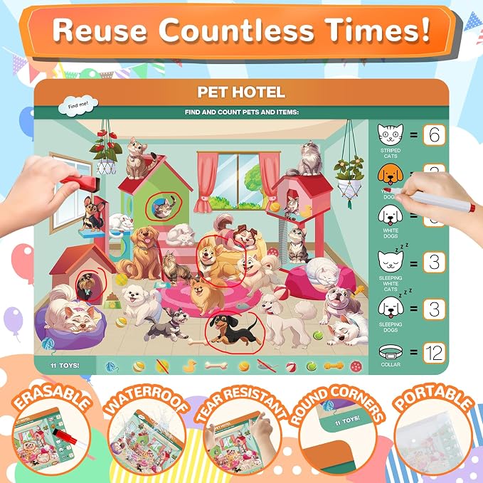 Search and Find Activity Book for Kids Ages 3-5, 28 Reusable Learning Activities with 14 Double-Sided Dry Erase Mats, Preschool Busy Book, Road Trip Travel Toy, Screen-Free Educational Gift