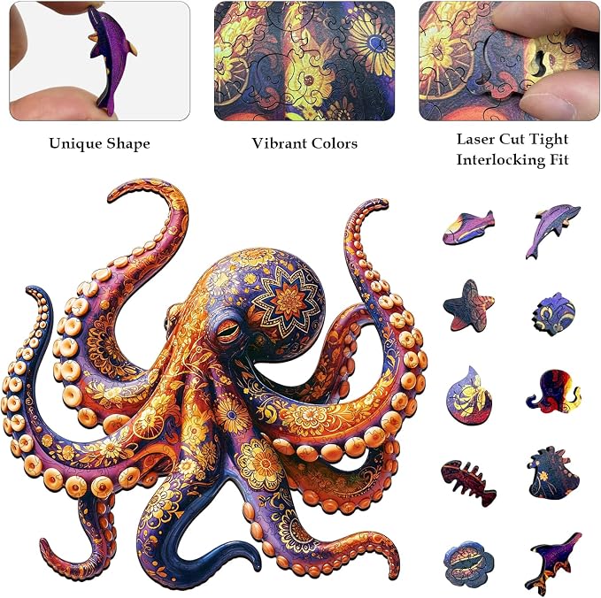 Wooden Puzzles for Adults, Octopus Jigsaw Puzzles for Adults, 5MM Unique Animal Shaped Wood Cut Puzzles 200 Piece, Fun Challenging Octopus Puzzles Gift for Kids Family Game Night Home Decor 10.5*11in