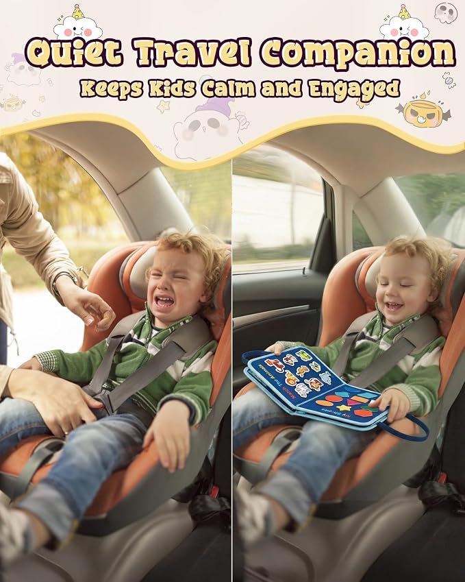 Dinosaur Busy Board for Toddlers, 8-Page Blue Sensory Activity Book with Buckles & Zippers, Montessori Learning Toy for Fine Motor Skills, Screen-Free Airplane Travel Toy for Boys