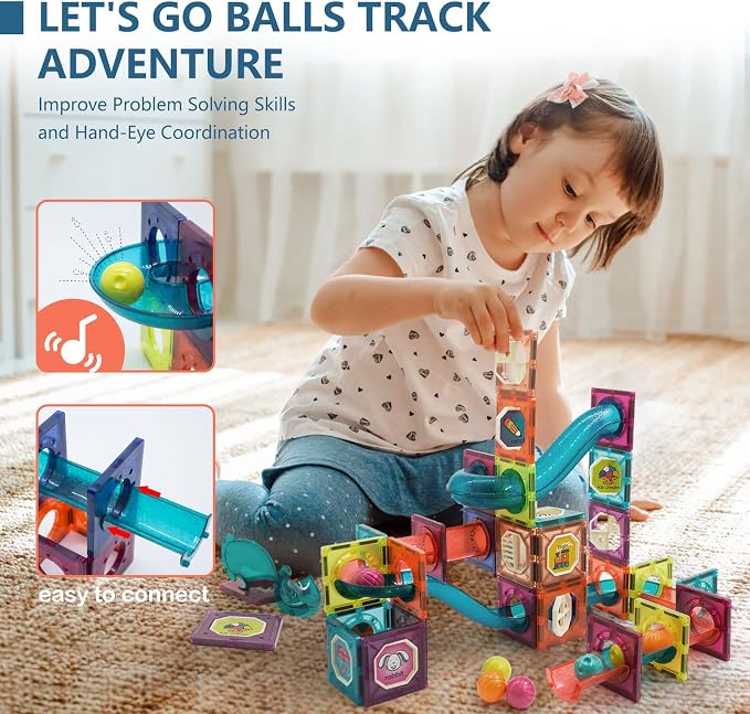 LTKFFFdp Magnetic Building Blocks STEM Educational Toys for Kids Ages 4-12, Ball Track and 3D Stacking Construction Set | 3D Magnet Cubes Building Blocks with Pipes, Montessori Birthday Gifts for Boys Girls Ages 3+, Compatible with Other Brands