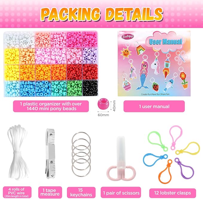 Funtopia Pony Beads Kit for Keychain Making, Mini Pony Bead Pets for Kids | Includes Instructions for 15 Cute Designs and Storage Box, Beginners Kids Craft Kit for Rainy Day Group and Family Activities