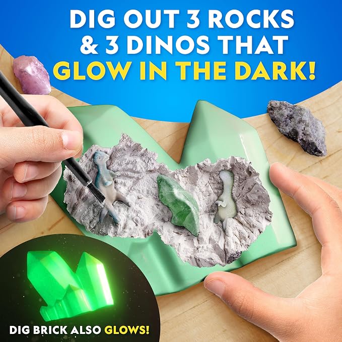 National Geographic Glow-in-the-Dark Rock and Dinosaur Dig Kit for Kids | 6 Glow-in-the-Dark Rocks and Dinosaurs, Glowing Dig Brick, Excavation Tools, Rock Collection, STEM Activity, Birthday Gift