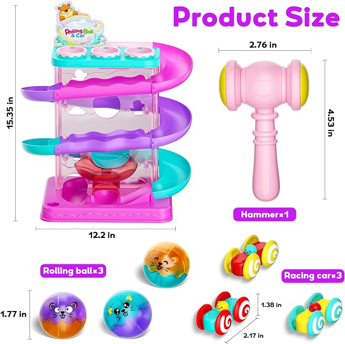 2-in-1 Ball Drop & Car Ramp Race Track Montessori Toy for Toddlers Ages 1-5 | Hammer Rolling Ball, Launch and Race Car-Cause and Effect Sensory STEM Learning Toys for 1-5 Year Old Boys & Girls