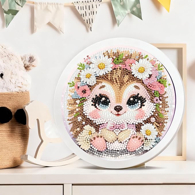 Gemozaic Hedgehog Diamond Art Kits for Kids Ages 8-12, Round Frame, 8x8 in | Cute Animal Diamond Art Paitning for Kids 10 Year Old, Easy Kid Big Gem Painting, DIY Arts and Crafts for Girl Birthday Gift