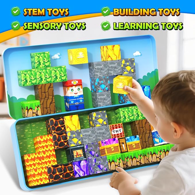 Magnetic Blocks Travel Toys with Iron Box Preschool Educational Kids Toys | Portable Travel Essentials Learning Outdoor Building Cubes 40PCS STEM Birthday Gifts for Boys & Girls Ages 3+