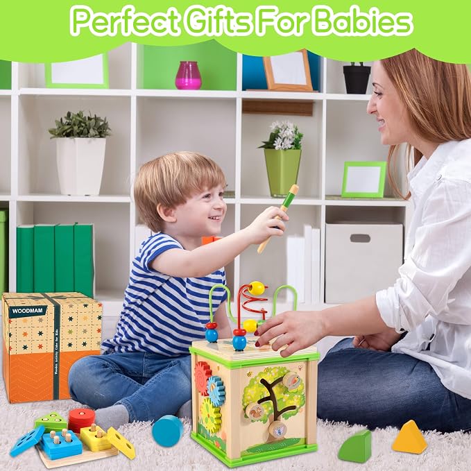 WOODMAM Wooden 7-in-1 Activity Cube, Montessori Toys for 1 2 Year Old | Educational Developmental Toys, One Year Old Boy Girl Birthday Gifts, Bead Maze, Xylophone, Sorting & Stacking Board