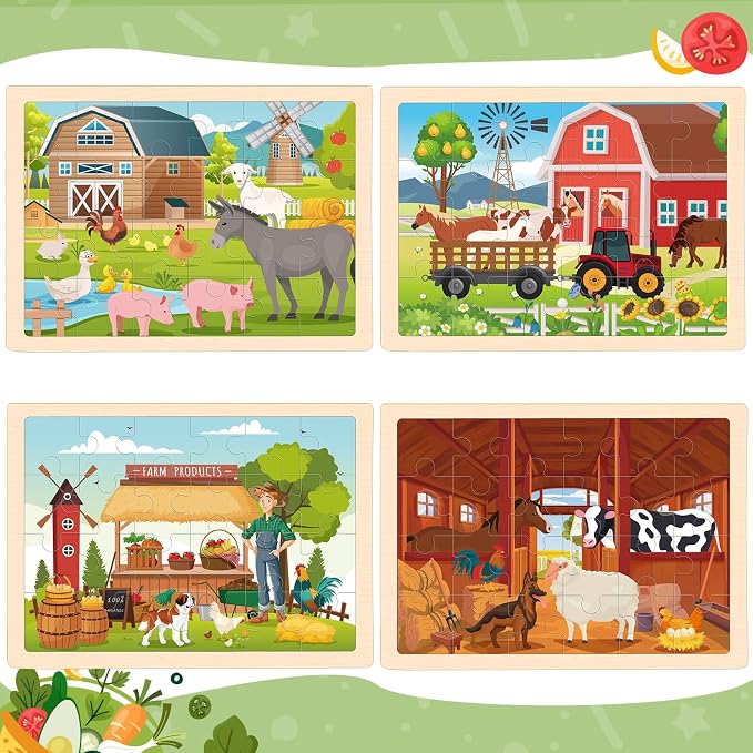 4-Pack Wooden Puzzles for Kids Ages 3-5, 24-Piece Farm Animal Set | Toddler Puzzles Ages 3-5, Preschool Puzzles with Wooden Jigsaw Boards for Fine Motor Skills, Shape Recognition and Travel