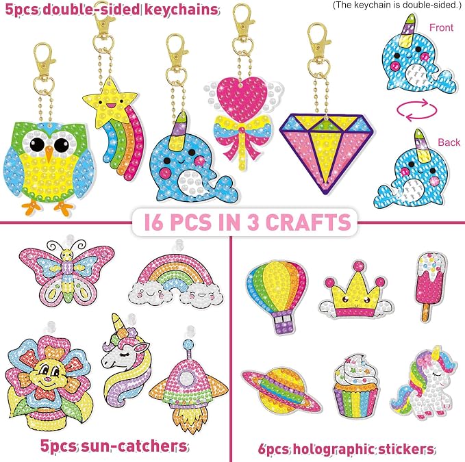 BANBBUR 16 Pcs Gem Art for Kids Ages 4-8 8-12, Kids Diamond Art and Crafts | Gem Art Kit with 5 Suncatchers/5 Keychains/6 Stickers,Christmas Crafts for Kids,Birthday Gifts Christmas Stocking Stuffers