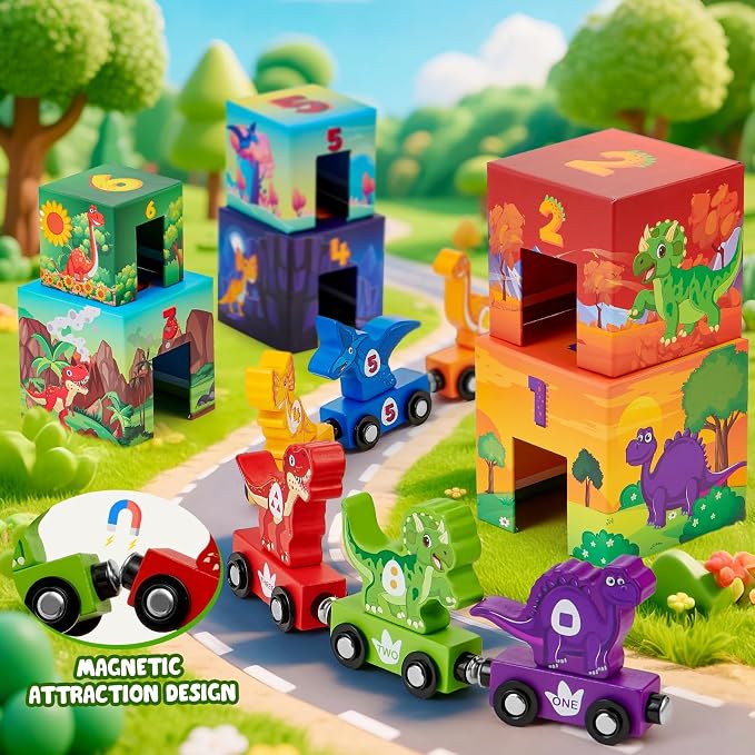Atoylink Toddler Dinosaur Sorting and Stacking Toys with Magnetic Wooden Dinosaur Train Set, Baby Number Blocks Nesting Boxes Preschool Learning Montessori Toys for 3 Year Old Boys Girls Gift