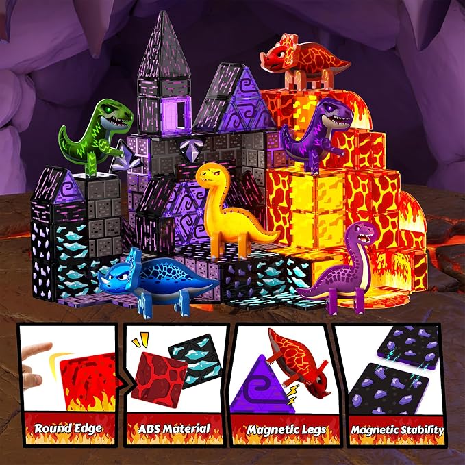 GobiDex 80PCS Dinosaur Toys Magnetic Tiles Building Blocks for Kids Ages 3+ | Jurassic Dinosaur World Adventure Theme, STEM Magnetic Blocks Building Play, Creative Brthday Gifts for Boys Girls