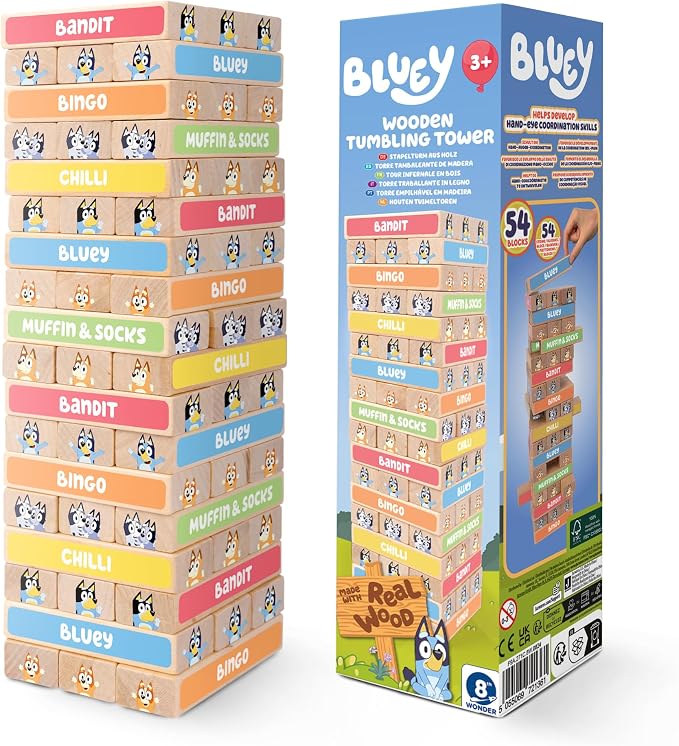 Bluey Tumbling Tower Game, 54 Illustrated Wooden Blocks, Ages 3+
