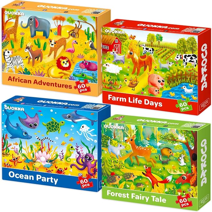 60 Piece Puzzles for Kids Ages 4-6 - 4 Jigsaw Toddlers Puzzles Ages 3-5 | Preschool Animals and Ocean Puzzles for Children Ages 6-8 - Kindergarten Gift for Boys and Girls Ages 7-10