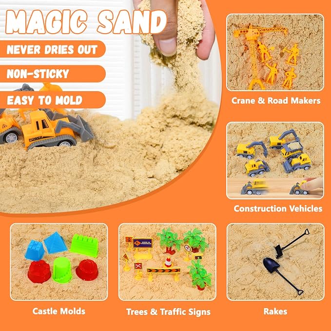 Construction Sensory Sand Kit for Kids 3-8, Sand Bin Sensory Toys | Non-toxic Magic Sand & Construction Tools, STEM Montessori Sensory Toys for Kids, Christmas & Birthday Gifts for Boys Girls